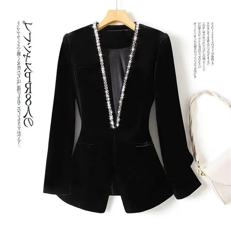 Gold velvet beaded Women Blazer 2024 New Korean Fashion Autumn Long Sleeve  Office Work Blazers Lady Jackets Coat Female Tops