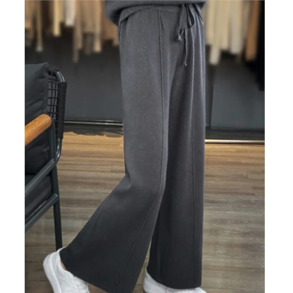 

Warm Knitted Straight Pants Spring Autumn Korean Style Women's High Waist Solid Color Loose Lace-Up Wide Leg Pants Pantalones