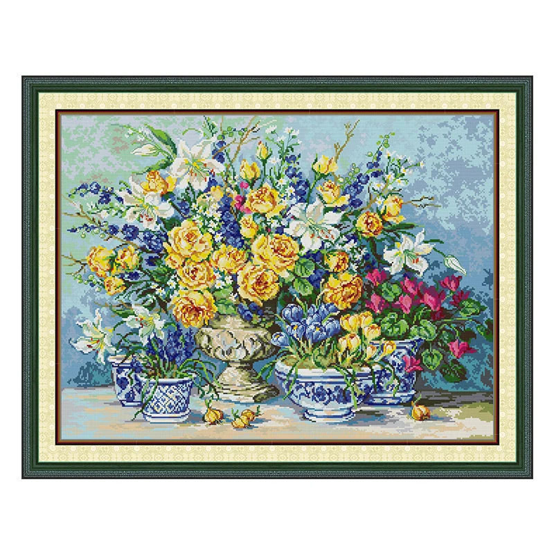 Golden Rose Flowers Patterns Counted Cross Stitch Set DIY 11CT 14CT 16CT Stamped DMC Cross-stitch Kit Embroidery Needlework