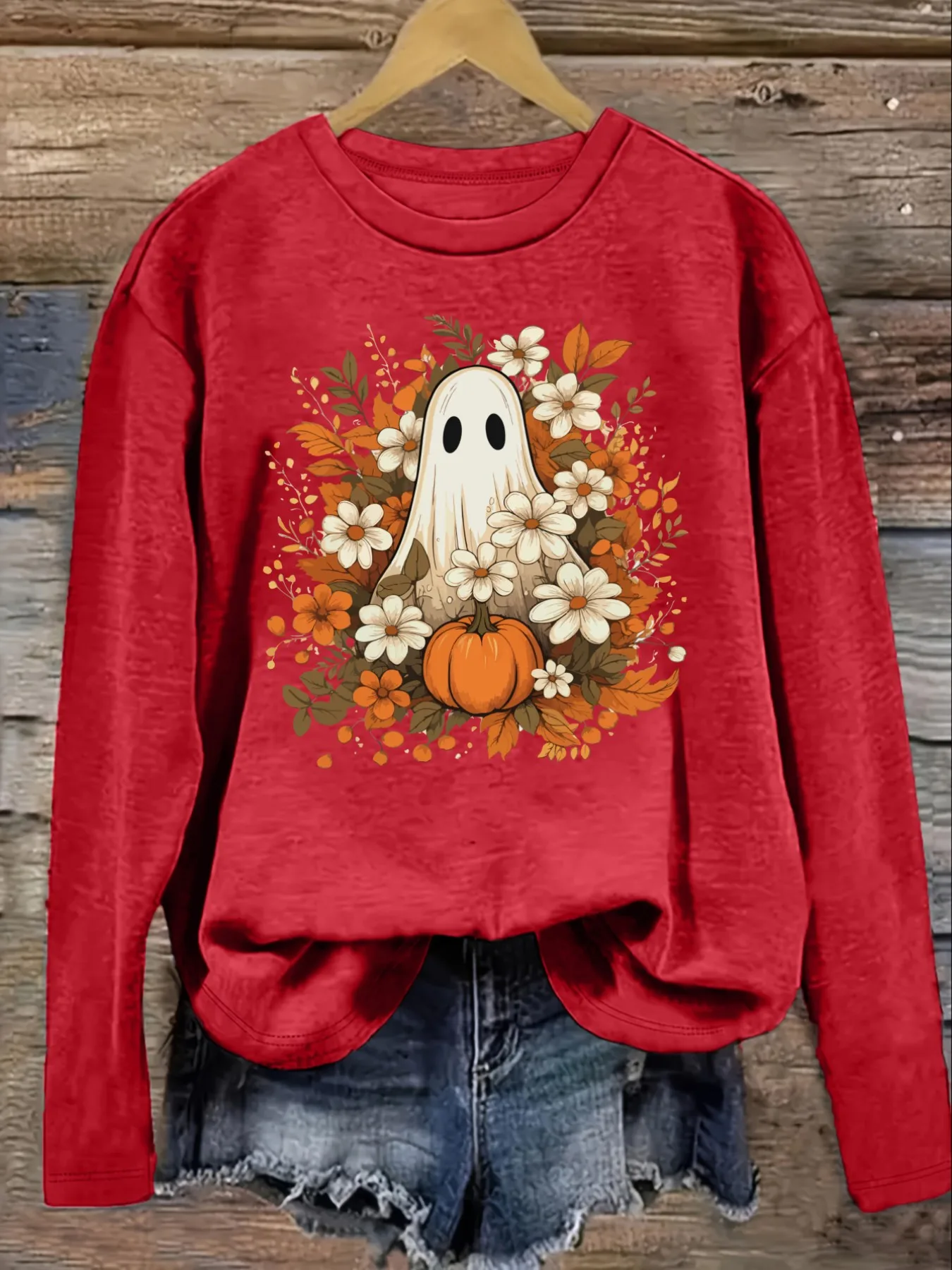 Women's Casual Long Sleeve Crew Neck T-Shirt Ghost Pumpkin Autumn Floral Design Design, Round Neck Women's Clothing, Machine Washable, Slightly Elastic, Loose Fit, Spring Autumn Winter Women's T-Shirt, Halloween Costume Outfit view 4