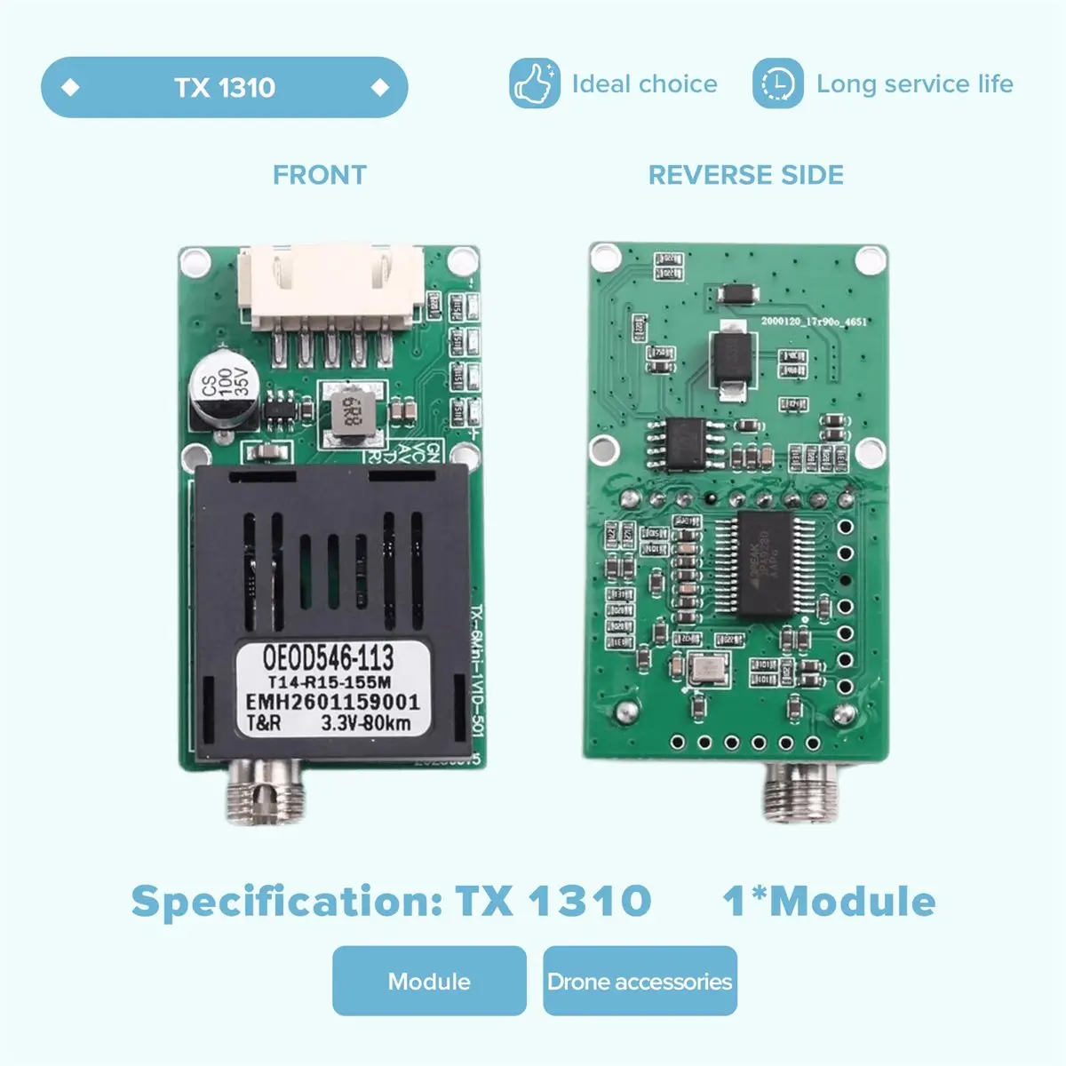 【★2026 Popular♠】80KM TTL Optical Transceiver Module Optical Terminal Equipment Drone-Specific DC 5.5-26V TX SkyEnd