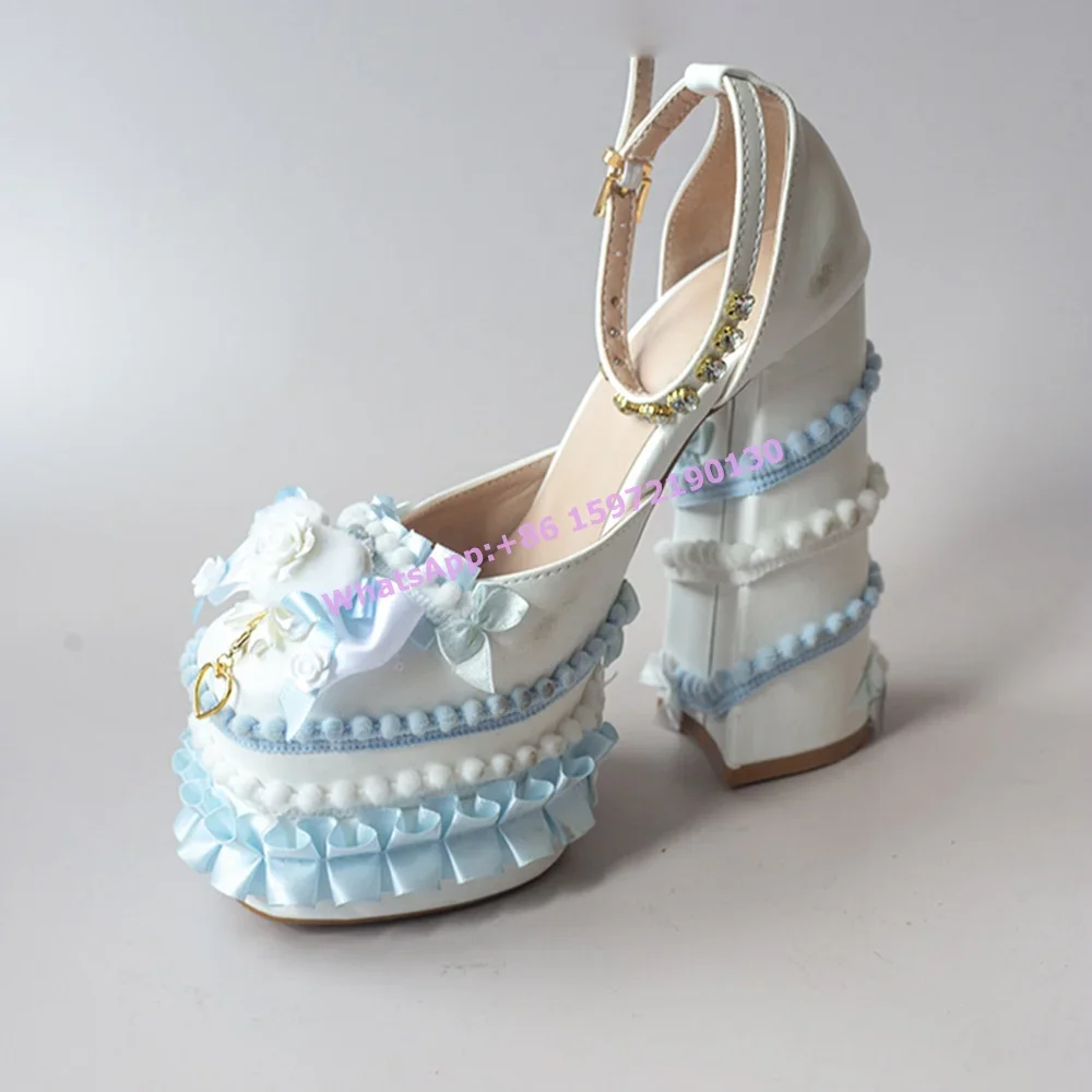 Lece Bows Platform Pumps Square Toe Chunky Heels Ankle Band Lovely Lolita Shoes Light Color Women's Lovely Dress Shoes