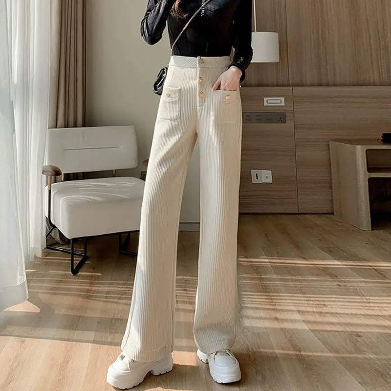 Spring Autumn Retro High Waist Corduroy Long Pants Women Loose Wide Leg Pants Korean Joggers Casual Thicken Straight Trousers