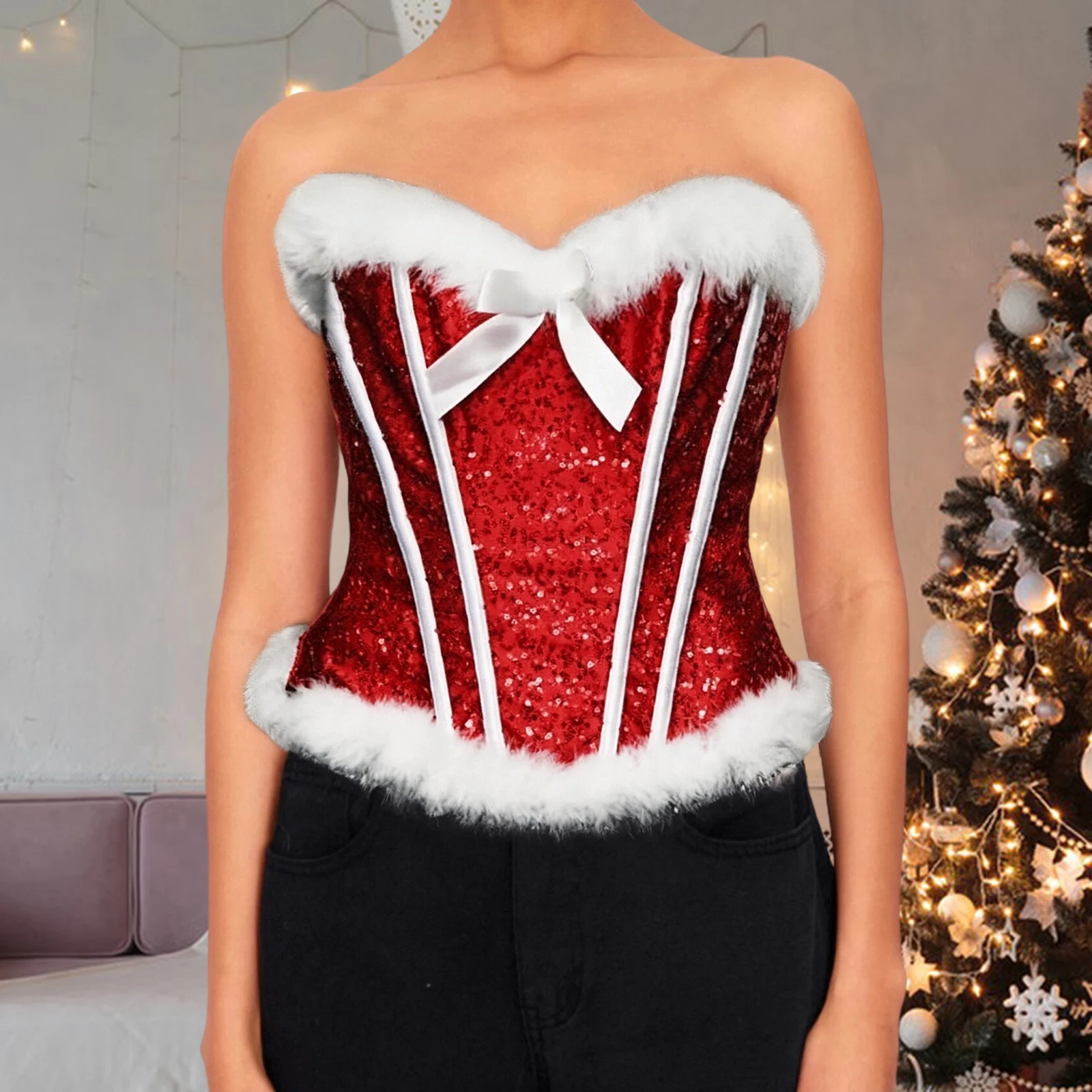 

Женский рождественский костюм миссис Клауса с нечеткий отделкой, сексуальный красный бюстье без рукавов, корсет, топы, тренажер для талии для косплея, вечеринки, сцены