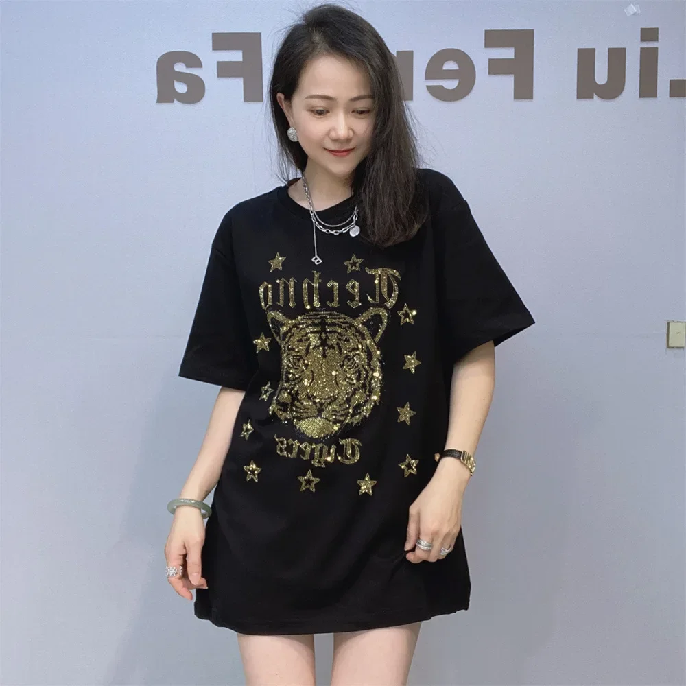 Hot Drilling Short Sleeve Knitted Top Womens Loose Clothes Summer Cartoon Pattern Diamonds Casual Round Neck T-shirts Female