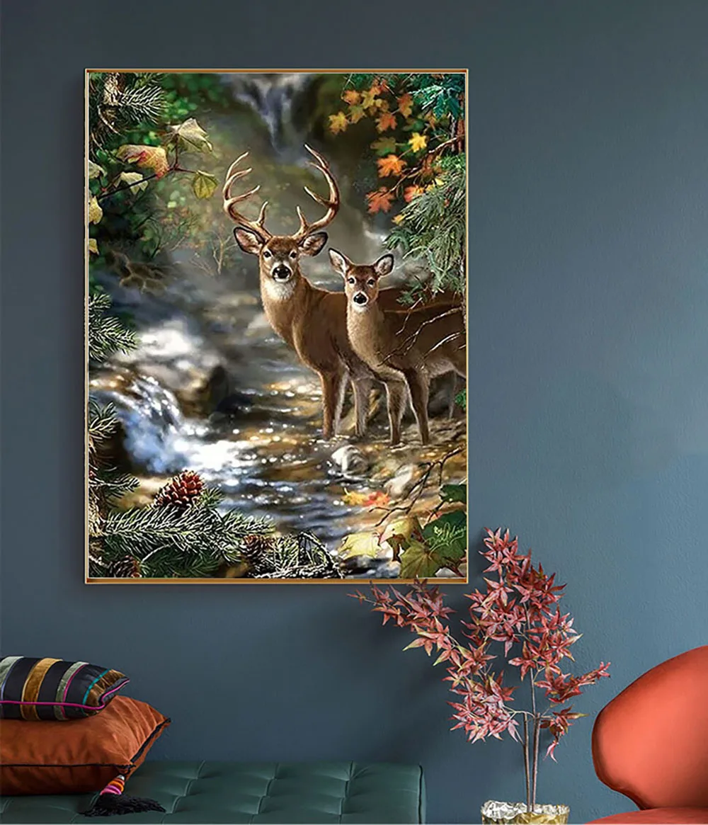 5D DIY Colorful Animal Diamond Painting Landscape Deer Waterfall Cross Embroidery Handmade DIY Mosaic Art Furniture Decoration