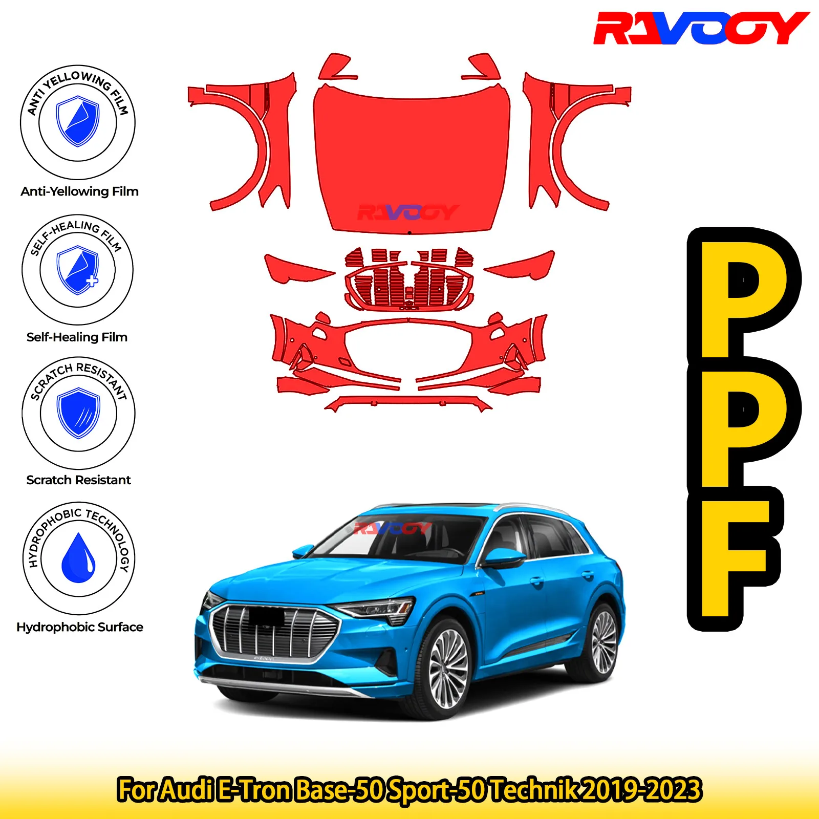 

For Audi E-Tron Base-50 Sport-50 Technik 2019-2023 Glossy Matte Black Precut front PPF Kit Paint Protection Film