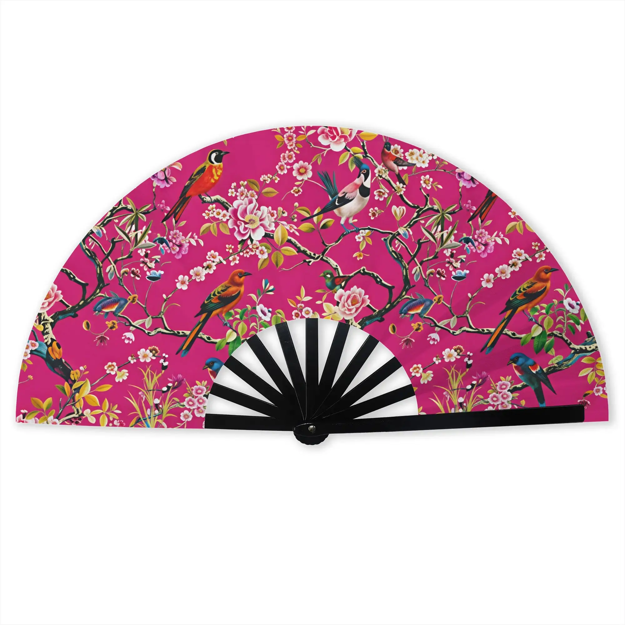 Birds Floral on Pink Velvet Folding Hand Fan  Polyester Fabric Fan Fashion Summer Accessory Decorative Fans