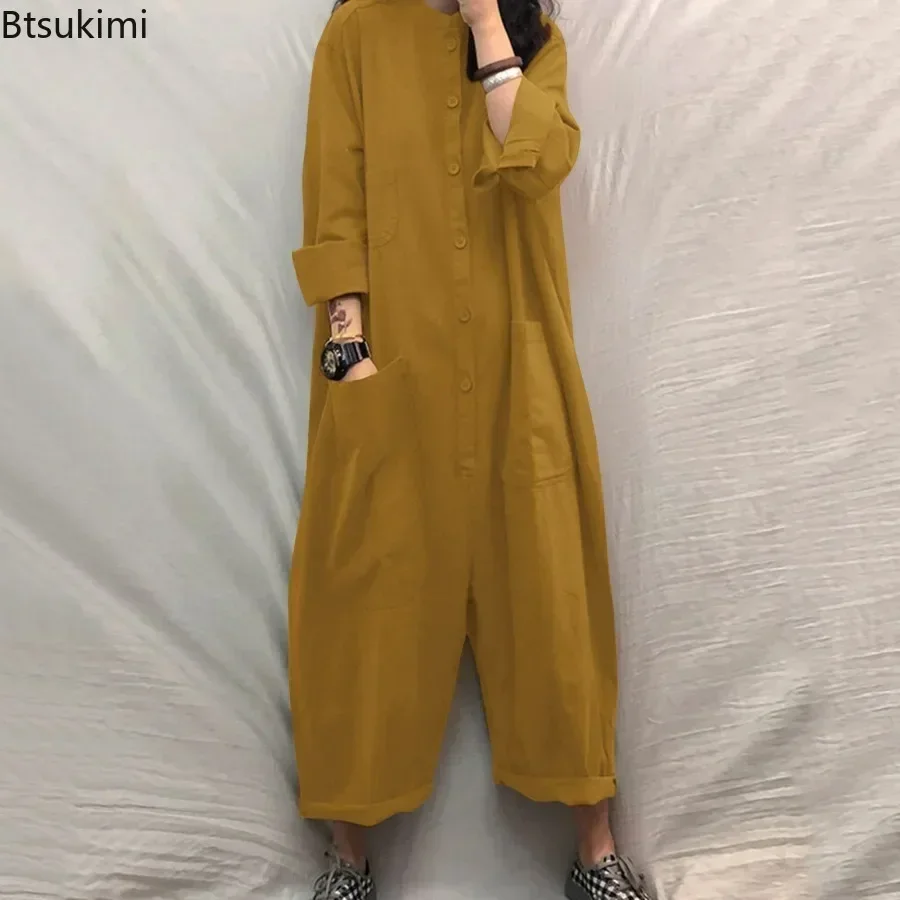 2025 Women's Casual Solid Jumpsuits Fashion Stand Collar Long Sleeve Multi Pocket Shirt Rompers Females Loose Wide Leg Overalls