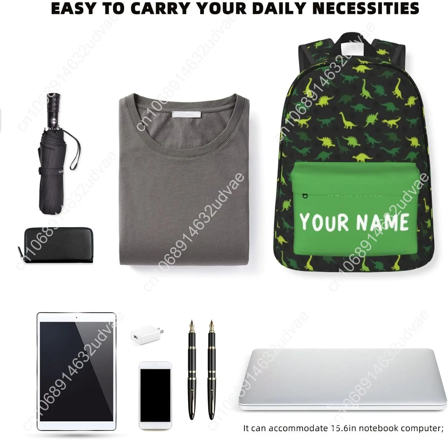 Dinosaur-Green Laptop Backpack for Girls Boys, Customized with Name, 17in