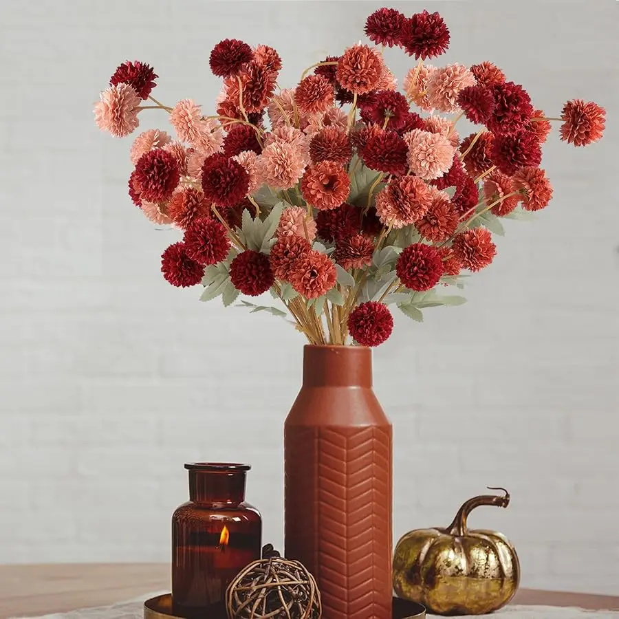 12 Pcs Artificial Chrysanthemum Flowers, Orange Kiku Pom Pom Mums Flower Faux Fall Floral for Autumn Halloween Kitchen Table Cen