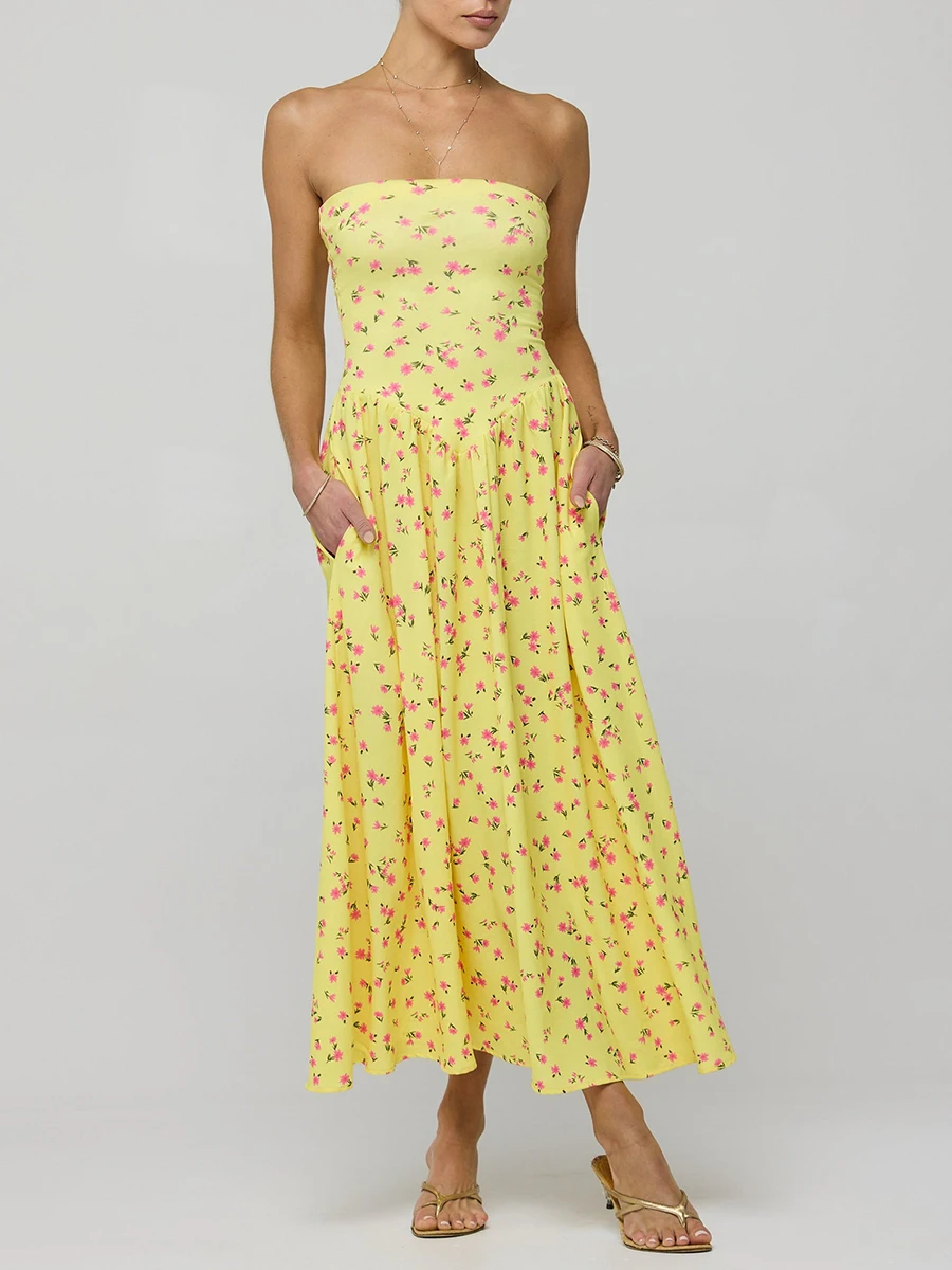 Robe longue fleurie sans bretelles avec poches pour femme, bustier tubulaire, maxi fluide, vacances d'été, bohème, Y2k