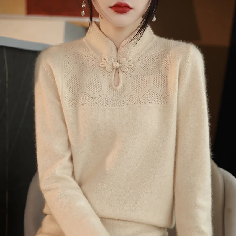 

Autumn Winter New 100% Wool Sweater Women Chinese Style Top Cheongsam Collar Sweater Wool Base Shirt