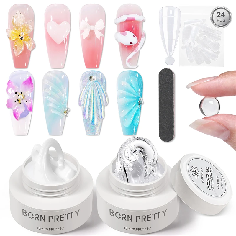 BORN PRETTY 15ml Clear White No Stick Hand Extension Gel Nail Kit With Nail Buffer Tips Mould 5D Sculpting Nail Art Prolong Gel