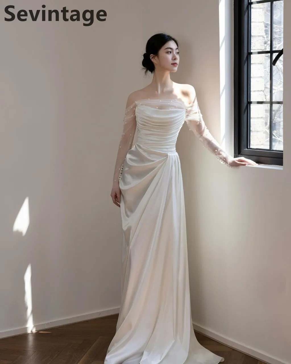 Sevintage marfil coreano sirena vestido de novia satén fuera del hombro vestido de novia de manga larga elegante vestidos de fiesta de boda personalizados