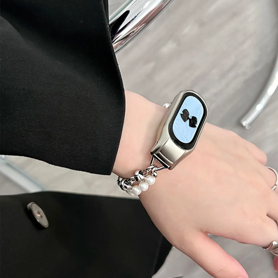 สายนาฬิกาสำหรับ Xiaomi Mi band 8 7 6 5สายนาฬิกาแฟชั่นสร้อยข้อมือโซ่โลหะมุกเปลี่ยนสำหรับ miband 5 6 4 3สายรัดข้อมือ Correa