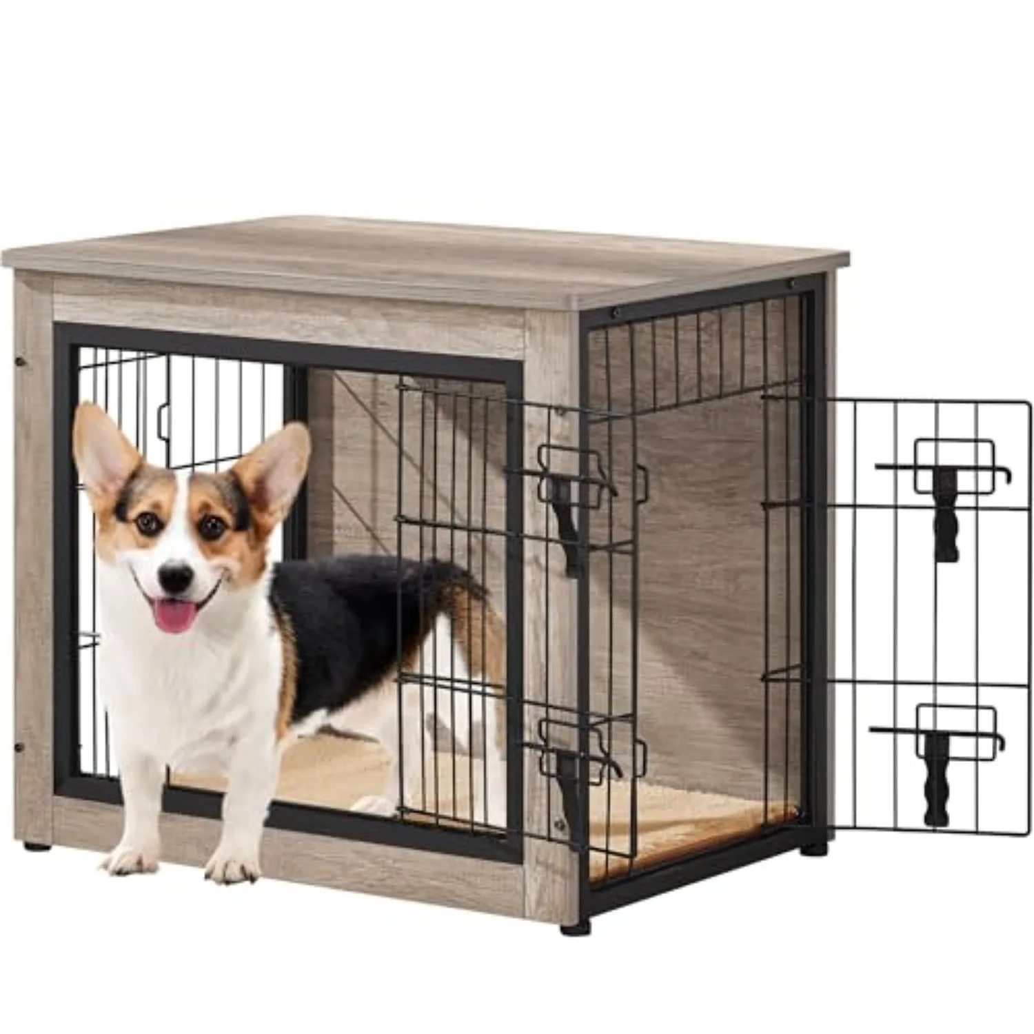 27.5in Wooden Dog Crate Furniture w/Cushion for Small Dogs, Gray | Furniture-style Design Kennels,Double Door Side End
