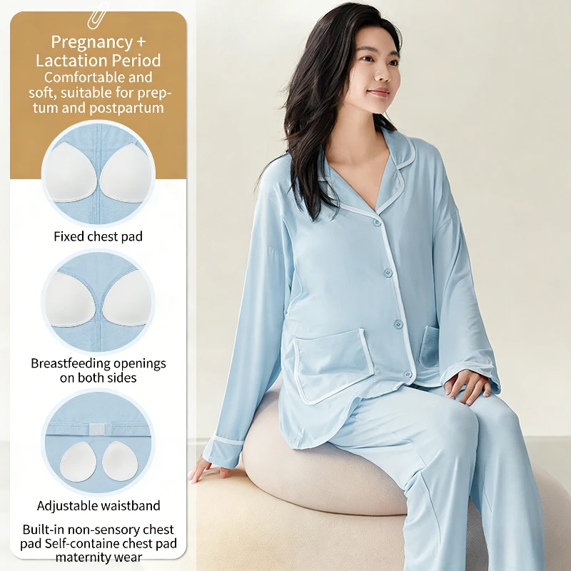 

Maternity Pyjamas Set Spring Breastfeeding Pregnacy Women Sleepwear with Chest Pad Modal Postpartum Button Down Nursing Homewear