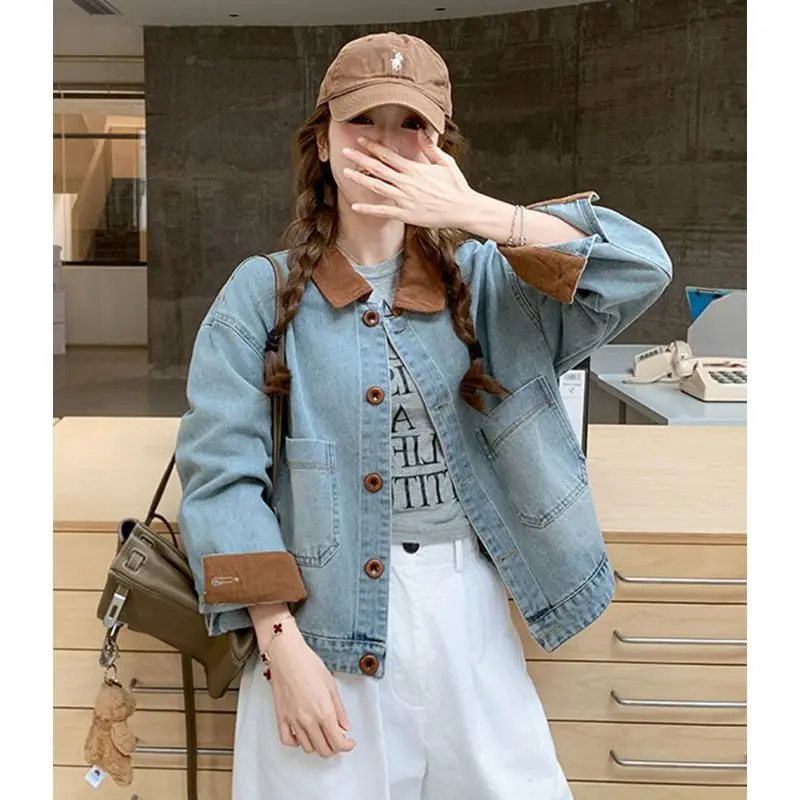 

Women Clothing Autumn Fashion Korean Button Color Blocking Polo Collar Female All-match Fashionable Pocket Appear Thin Cardigan