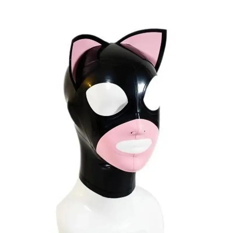 หน้ากากยางสีดำแบบมีฮู้ด พร้อมหูแมวสีชมพู ซิปหลัง ตาและปากเปิด สำหรับคอสเพลย์ ชุดคลับ  พร็อพแต่งกาย gh;0