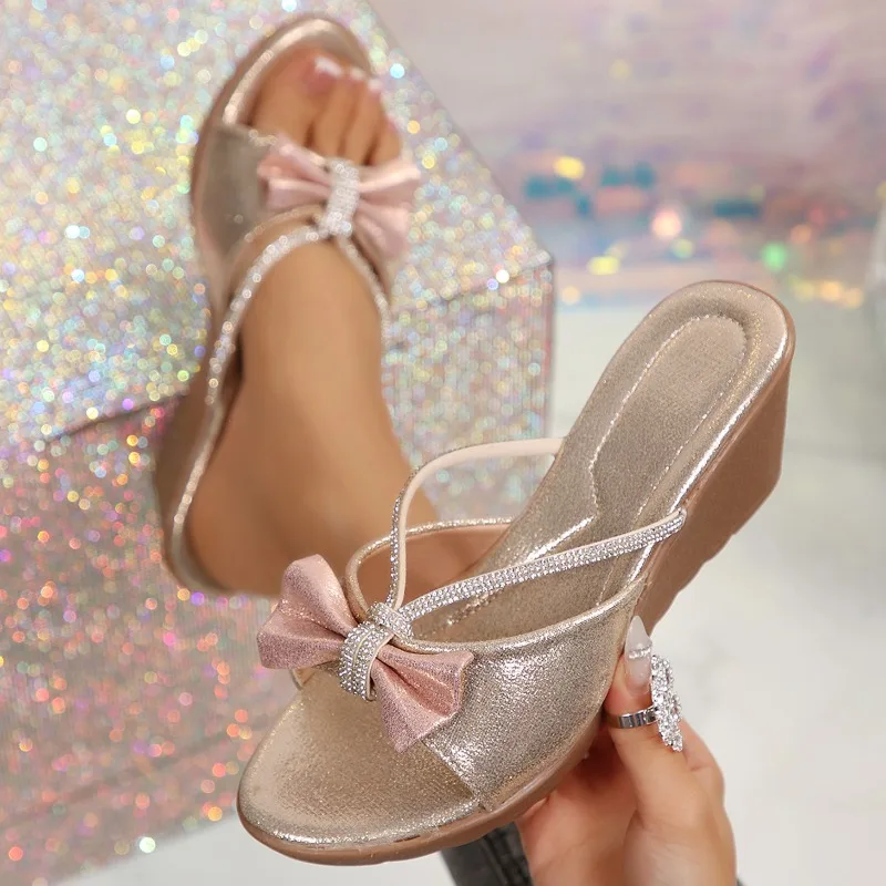 

2026 Bowknot Chunky Platform Women Slippers Summer New Slip on Wedge Heel Slides Women's Fashion Peep Toe Casual Comfort Shoes