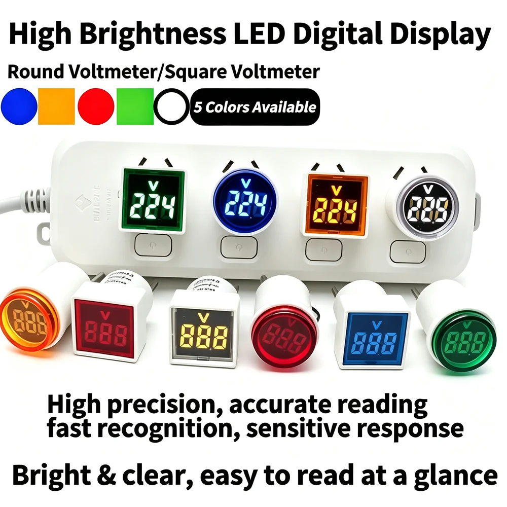 Mini AC 220V/230V 30mm Round/Square LED Digital Display AC Voltmeter Indicator Light EU Plug Measurement Range: 60~500V