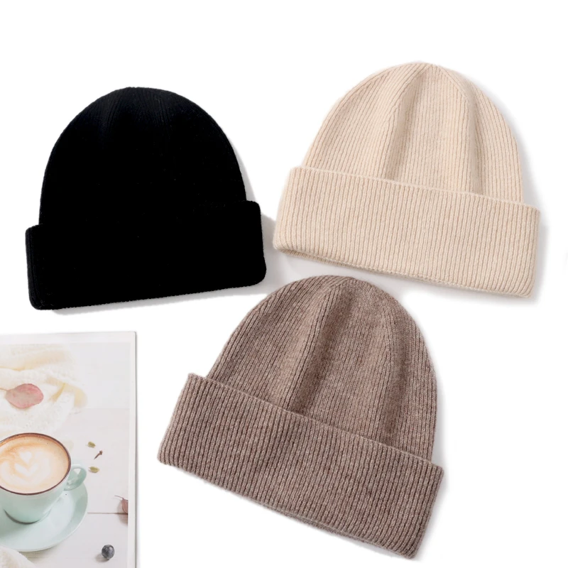 100%Pure Cashmere Beanies For Women Winter Warm Soft Solid Color Knitted Hat Y2K Korea Fashion Flipped Heap Pullover Cap Girl