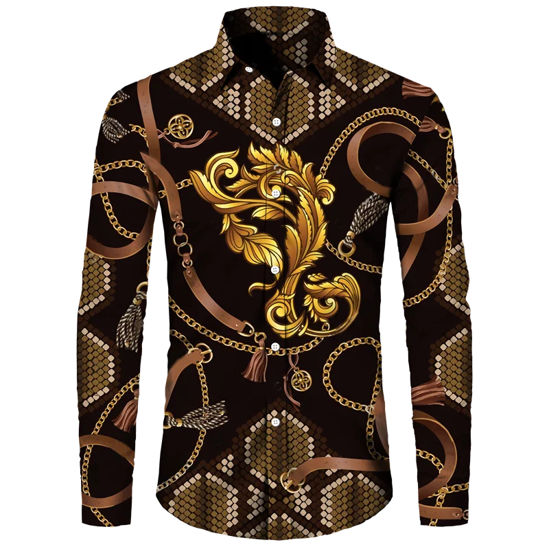 

Мужские рубашки с золотым цветочным узором и принтом, повседневный однобортный кардиган, рубашка с длинным рукавом, модные трендовые топы, мужская одежда