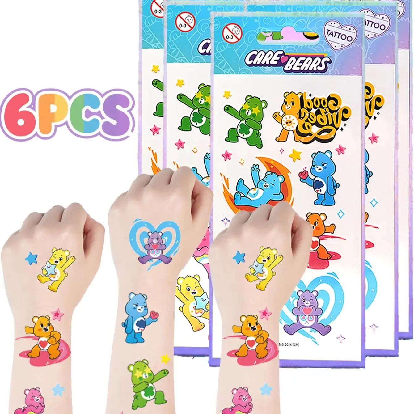 6 Stück Care Bears Offiziell Lizenzierte Tattoo-Aufkleber Niedliche Bunte Wassertransfer-Cartoon-Sticker Wasserfeste Körperdekoration