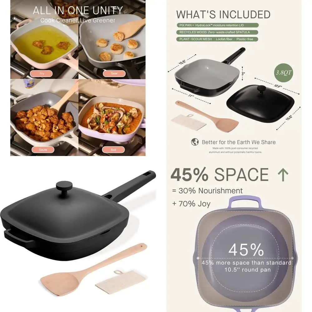 

10,5-дюймовая керамическая сковорода 3,8QT с крышкой, сковорода из глубокого соте из антипригарного покрытия из литого алюминия, набор посуды Ti-керамики с деревянной лопаткой и Sc