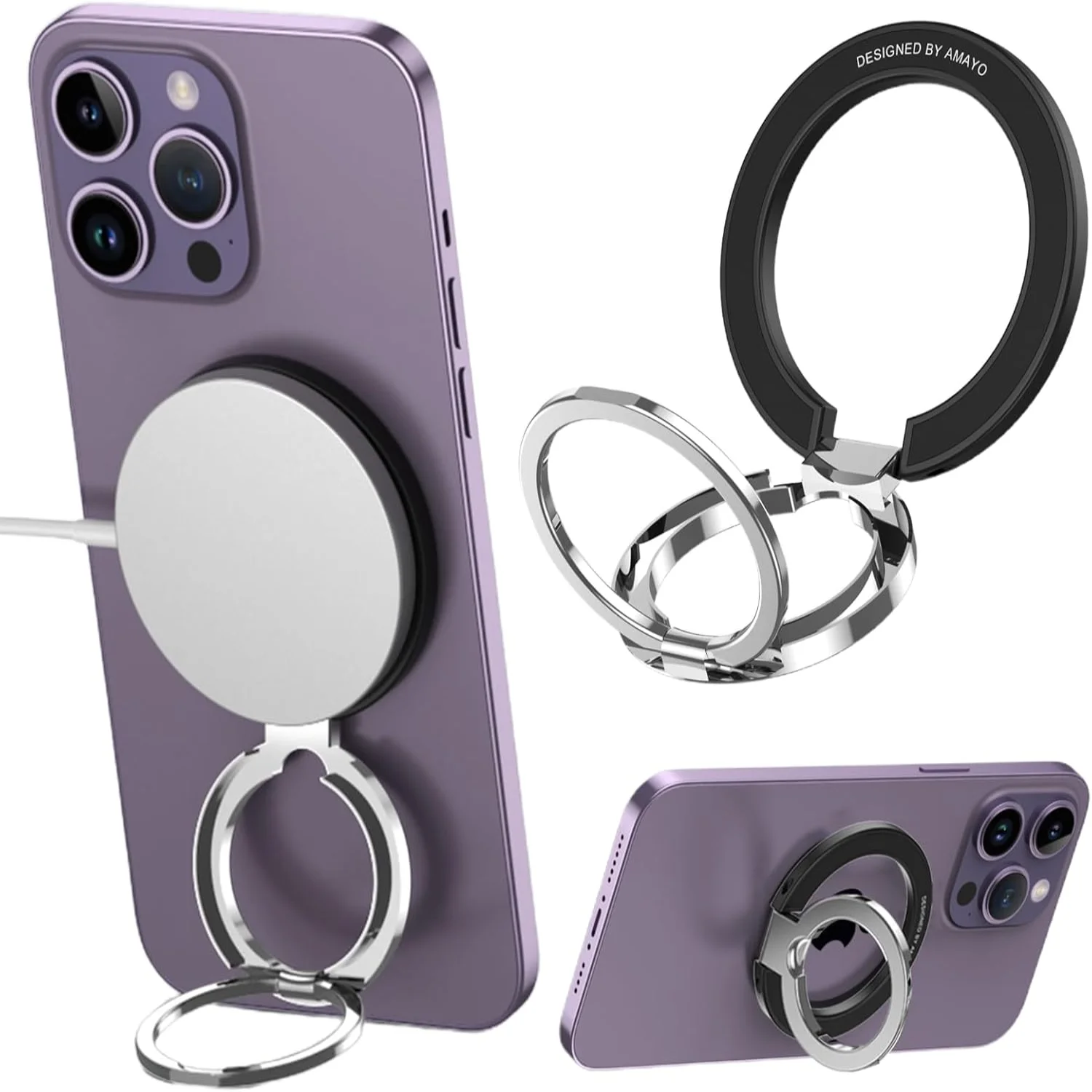 

Phone Ring Holder, Compatible with Phone with Adjustable Ring Stand, Magnet Finger Loop Kickstand for 15 Max/14/13/12 Series