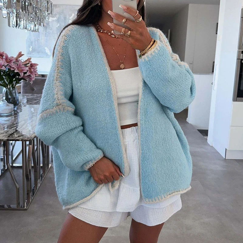 New Autumn Winter Color Blocked Loose Cardigan Fashion Women\'s V Neck Commuting Sweater Ladies Elegant Long Sleeved Knitted Coat