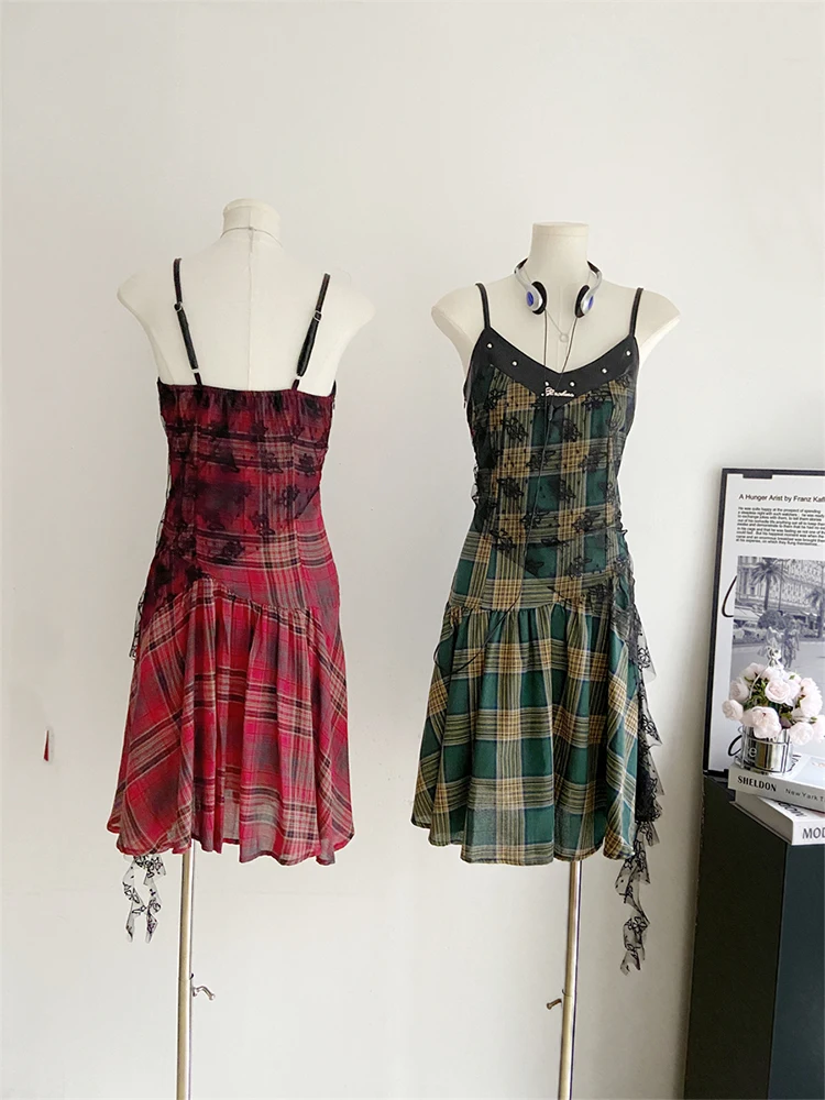 Women Red Plaid A-line Lace Dress Vintage Elegant Sleeveless Off Shoulder Dresses Emo Y2k One Piece Frocks 2000s Clothes Summer