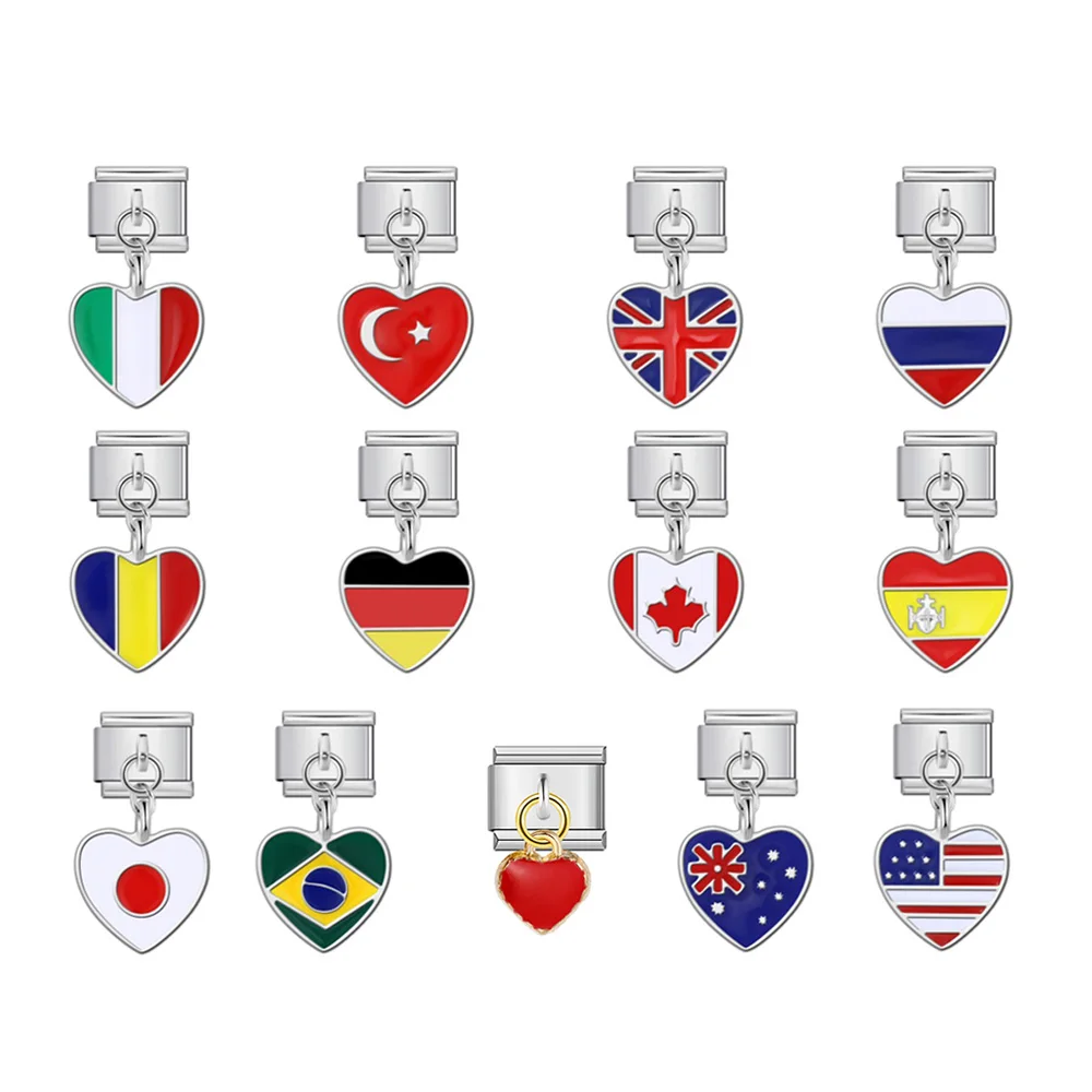 Modischer Bunter Charm-Herzanhänger mit Welt-Nationalflagge, Italienisches Glied, passend für 9mm Edelstahl-Armbänder, DIY-Schmuckperlen – Detail 1