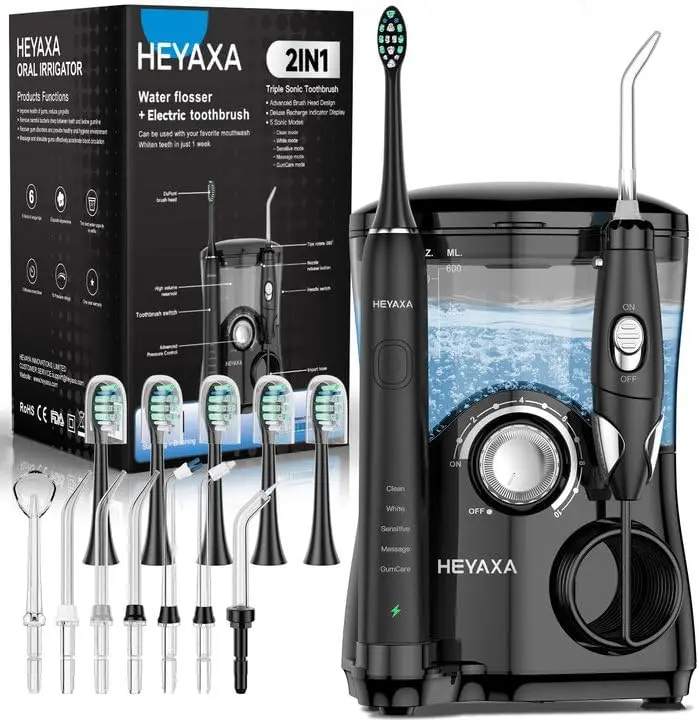 

Electric Toothbrush & Water Flosser Combo, 600ml Tank, 7 Tips, 10 Pressure Settings, 5 Brush Heads for Home Oral Care