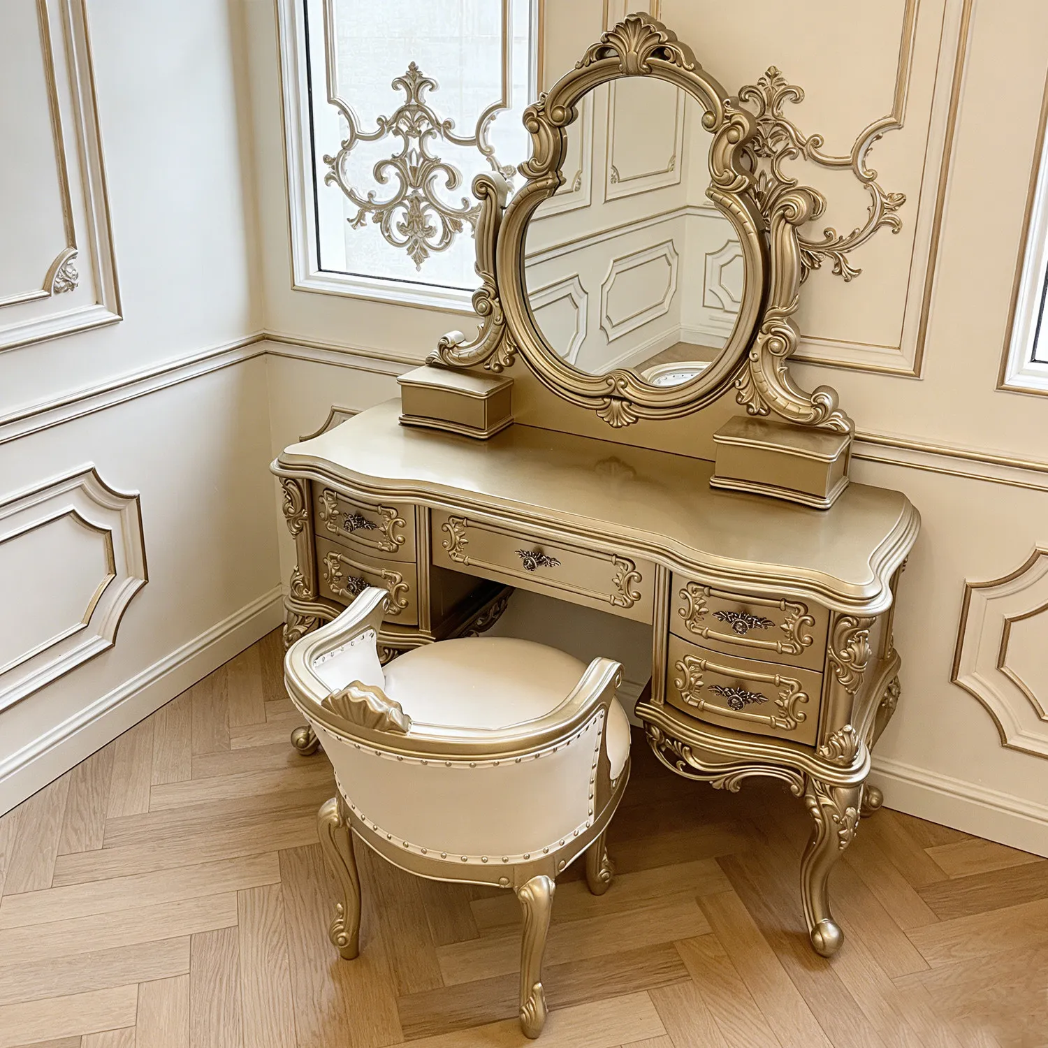 European-style Dressing Table Bedroom Mirror Stool French-inspired Vintage Solid Wood Carved Details 13 Meters Long Five Drawers