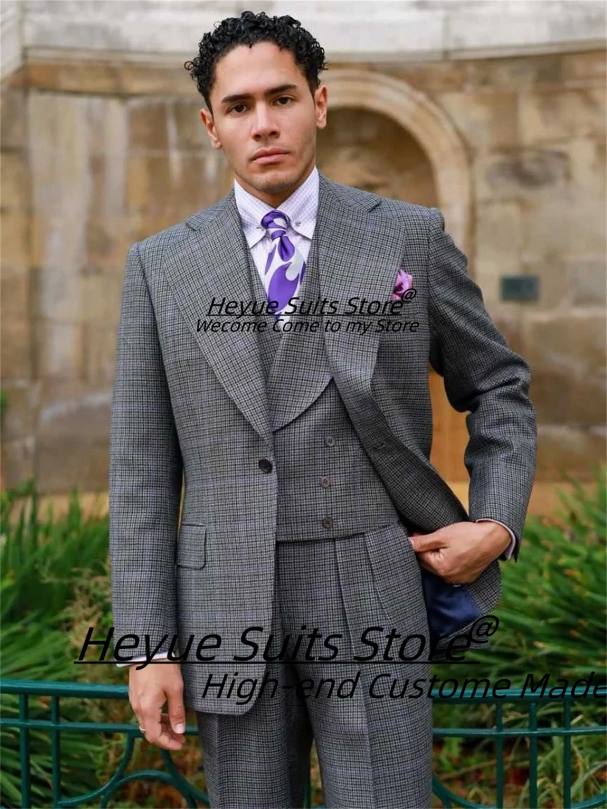 Customized Classic Plaid Men Suits Formal Men Suits Slim Fit Notched Lapel Groom Wedding Tuxedos 3Pieces Sets Male Party Blazers