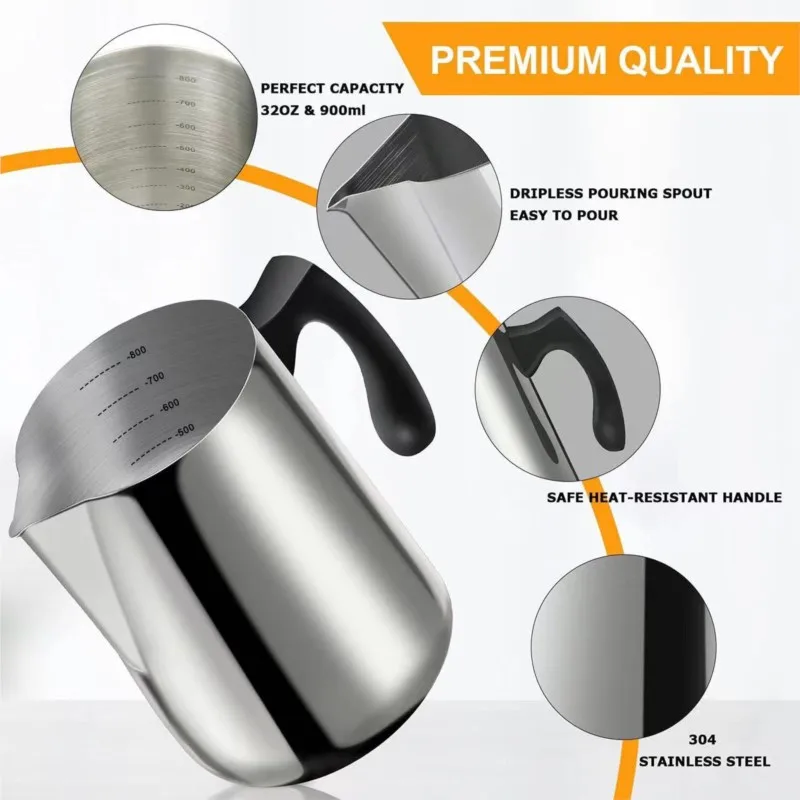 600/900ml 304 Stainless Steel Milk Frothing Pitcher Insulated Handle Wax Cup Espresso Craft Latte Milk Cream Foam Cup Home Café