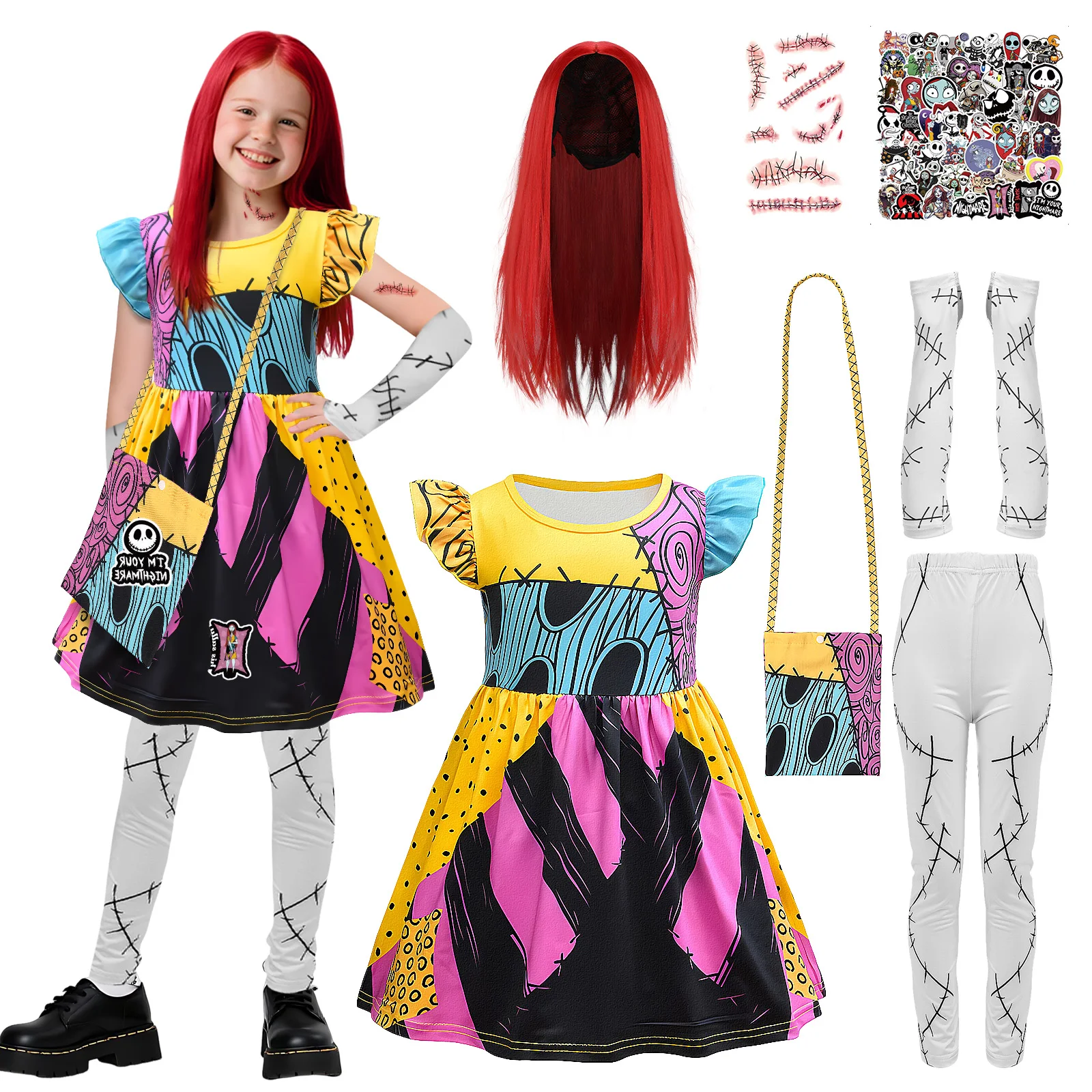 

Girls Sally Costume Set Christmas Sally Dress Wig Bag Tights Cosplay Accessories for Halloween Fancy Dress