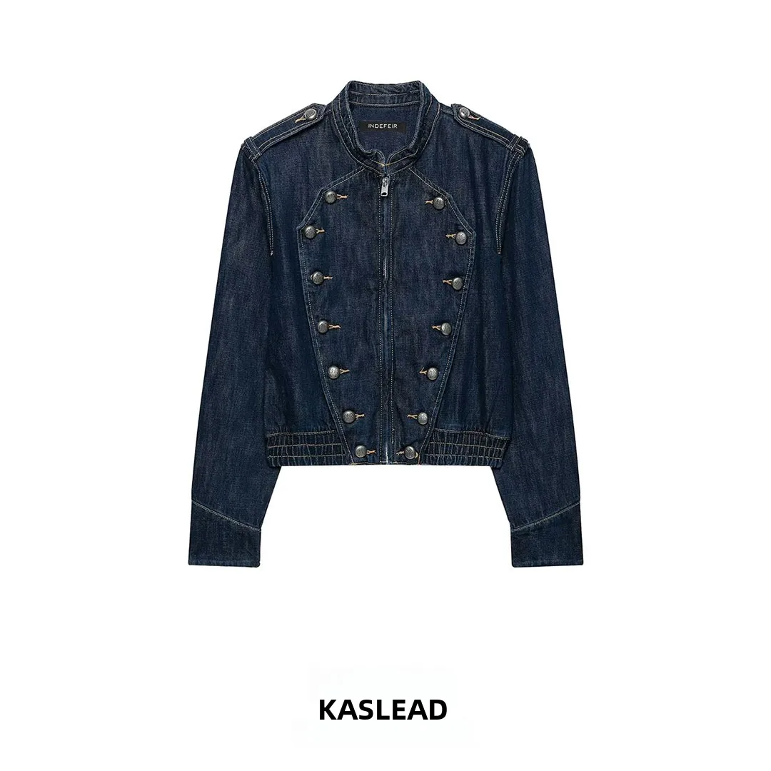 KASLEAD Women's Denim Jacket with Buttons High-End Feelings Long Sleeve Polyester Fiber Autumn Season Fashion Style