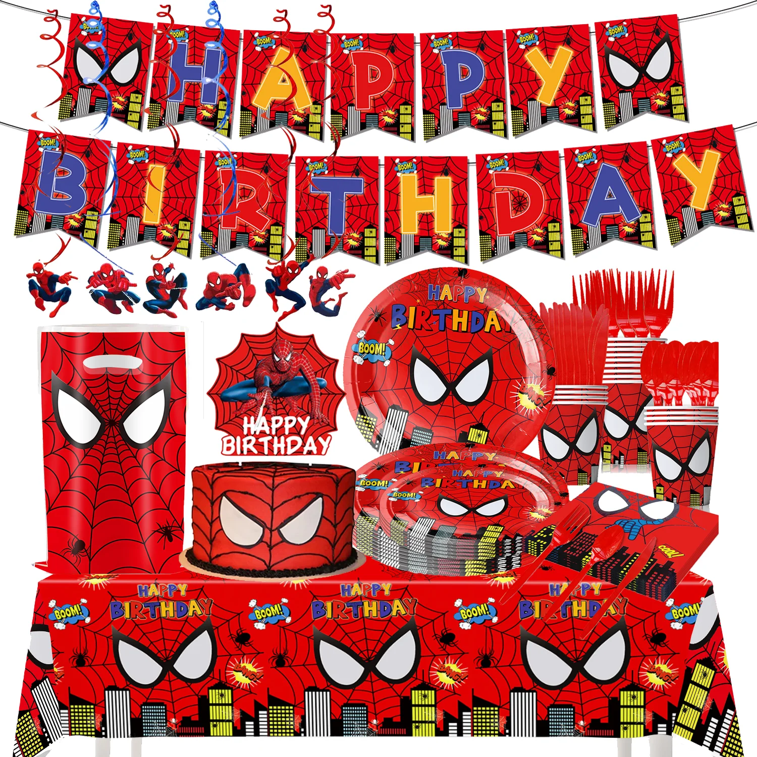 Spiderman Birthday Supplies Disposable Plate Cup Tablecloth Banner Balloon Slap Bracelet Set Kids Party Decorations Baby Shower