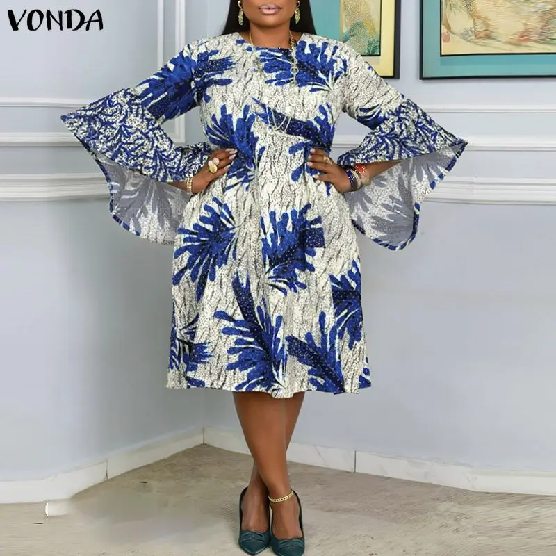 VONDA grande taille 5XL Vintage imprimé fleuri robes femmes fête robe d'été 2026 mode manches longues évasées décontracté surdimensionné robes
