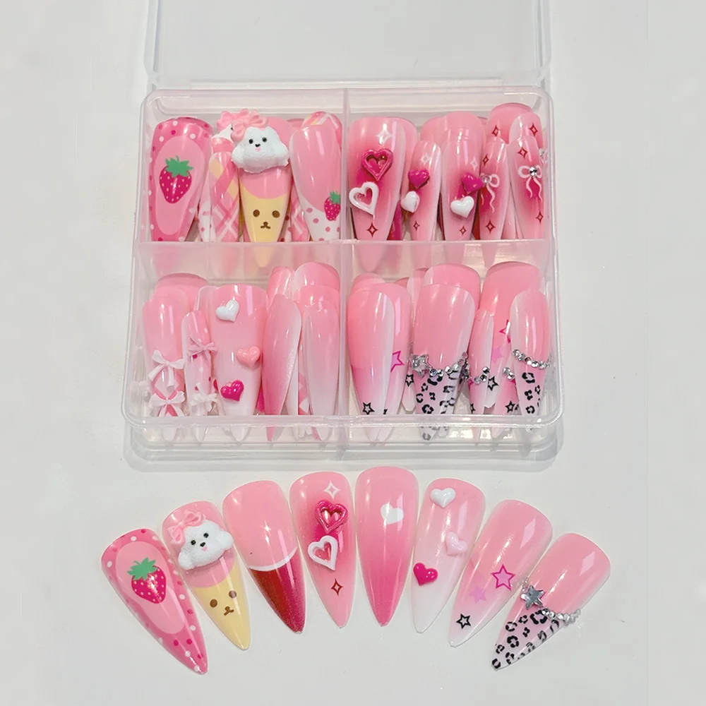 96Pcs Pink Long Stiletto Press On Nails 3D Cute Strawberry Bowknot Charms Fake Nails for Girls Y2K Style Party Daily Manicure TD