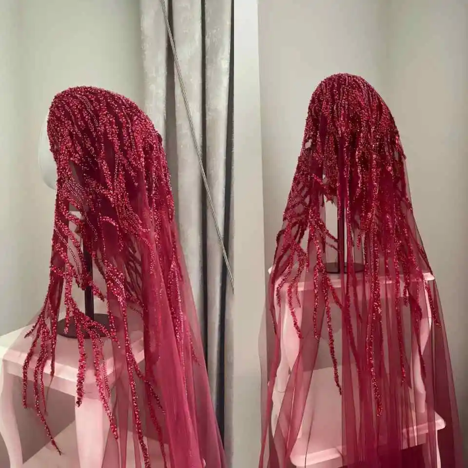 Delicate Bridal Burgundy Tulle Veil Hand‑Strung Beaded Tassel Layered Long Headpiece For Evening Bridal Banquet Customized