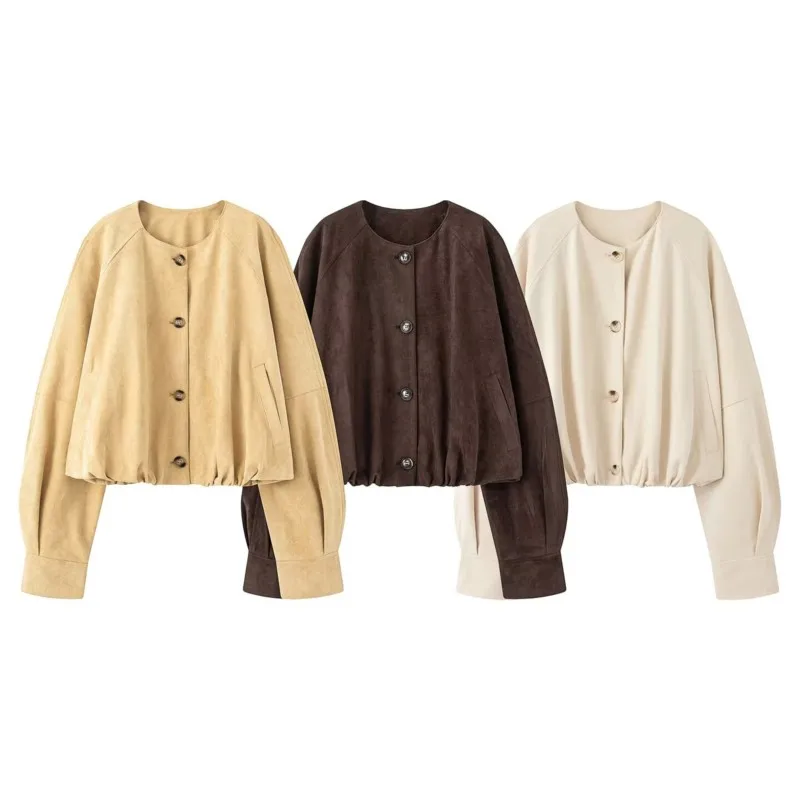 

Женская кожаная куртка с пуговицами, осенняя модная короткая куртка с круглым вырезом и длинными рукавами, повседневная плиссированная женская куртка с воздушным подолом