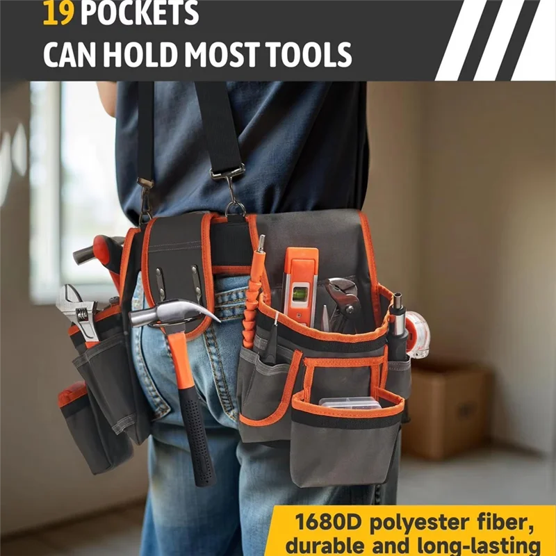 【A87T】Heavy Duty Tool Belt Utility Toolbelt Adjustable Waist Holder With Suspenders,19 Pockets For Electrician Plumbing Repair