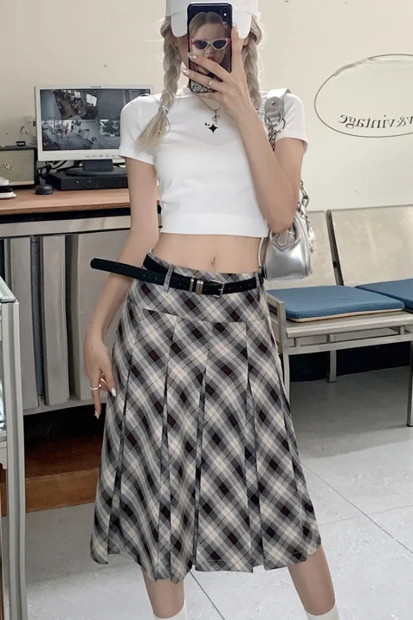

Vintage Plaid Midi Skirt for Women Summer Plus Size High Waist Slim Fit American Style Pleated Skirt Student Chic Skirt Fashion