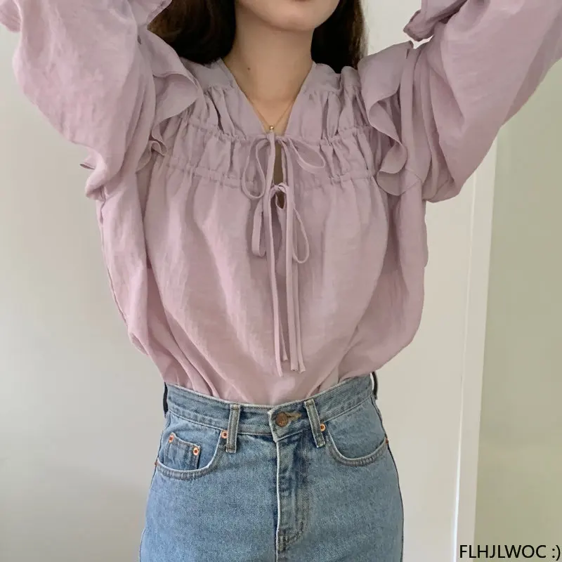 Hot Sales Bow Tie Ruffles Tops Blusas 2023Cute Sweet Girls Chic Korea Fashion Clothes Solid Cotton Blends Women Shirts Blouses