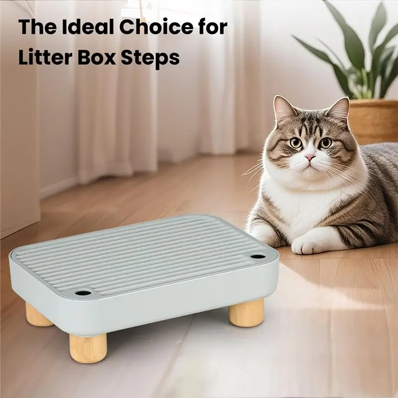 Litter Box Step& Ramp With Wooden Base, Anti-Tracking& Easy Cleaning Cat Catcher Ideal For Small And Elderly Cats