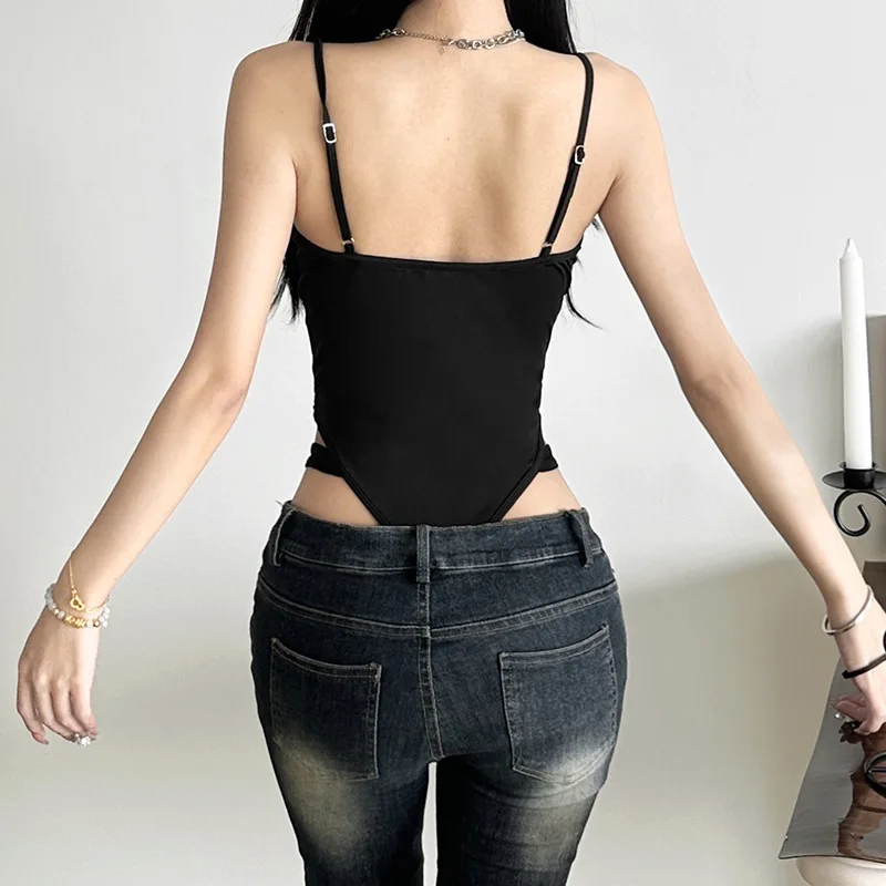 Y2K أسود ارتداءها المرأة الجوف خارج مثير بلوزات بلا اكمام السباغيتي حزام الشارع الشهير ثوب بودي كون مهرجان الملابس الجمالية